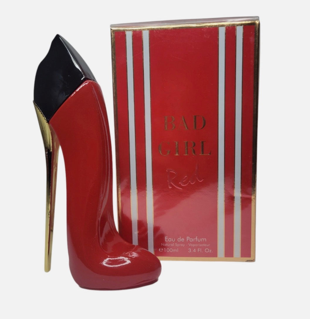 Bad Girl Red for Women Eau de Parfum 100mL high-heel bottle and packaging